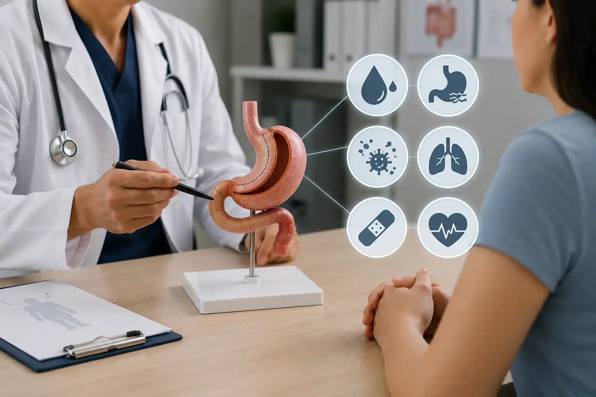 Arzt erklärt das Magenmodell mit Gesundheitsikonen während der Beratung.